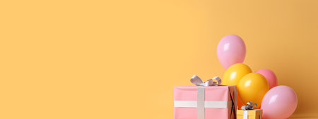 Orange and pink paper present boxes with colorful ribbons and inflatable balloons banner .generative AIの素材