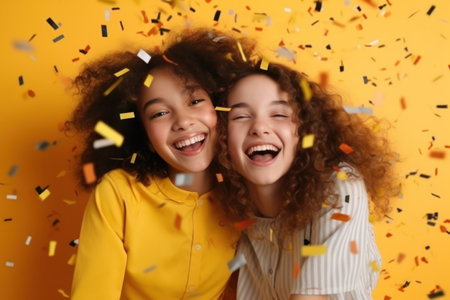 The birthday girls bursts into laughter, delighting in the magical scene of confetti showering down around .generative AIの素材