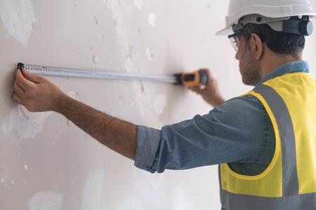 Focused engineer in protective helmet measuring shabby wall with tape-line preparing for drilling...