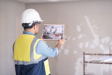 Experienced engineer imagining finished renovation of living room man in hardhat and vest looking at picture of Scandinavian interior design in hands standing against shabby wallの写真素材