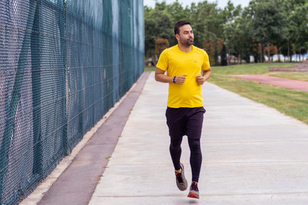 Strong sportsman in activewear running along track near high barrier on public sports ground in...