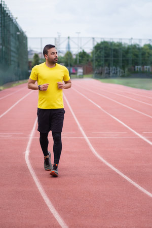 Man in tracksuit running along track with red rubber covering and white lines on outdoor sports arena in town park for health and body muscles developmentの写真素材