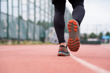 Sportsman in comfortable sneakers running along red rubberized track on urban ground skilled jogger...