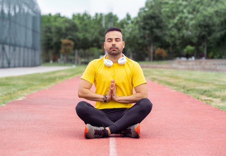 Tranquil man in sportive wear meditating sitting in lotus pose on running track at outdoor urban stadium in green park sportsman doing mental practices on sports arenaの写真素材