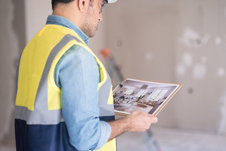 Focused worker holding picture in hands looks at interior design image in Scandinavian style man in professional uniform ready to start renovation process in apartmentの写真素材