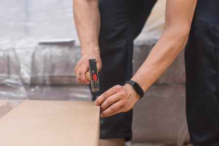 Furniture manufacturing and assembling handyman hammering nail into wardrobe for clothes specialist working with quality wood materials profitable carpentry businessの写真素材