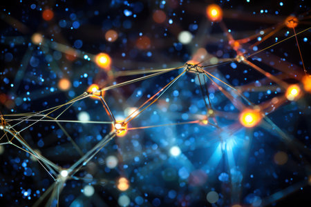 Futuristic design: digital lines and dots form a network structure, representing data exchange and interconnected network grids in an abstract background.の素材