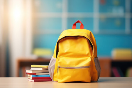 Back to School vibes: schoolbag filled with stationary items against a backdrop of school supplies, emphasizing the concept.の素材