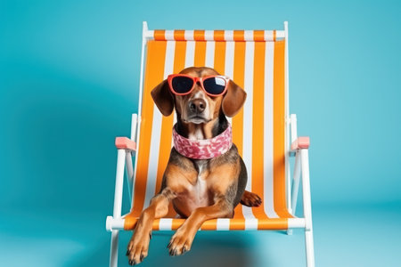 funny sunglasses wearing dog enjoys a vacation, catching some rays on a deck chair.の素材