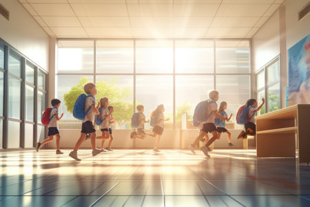 cute children with backpacks excited running into class room back to schoolの素材