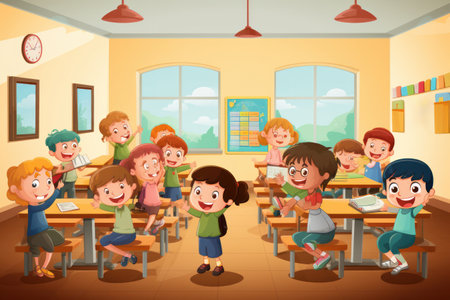cute excited pupils children in class room ready for lesson back to schoolの素材