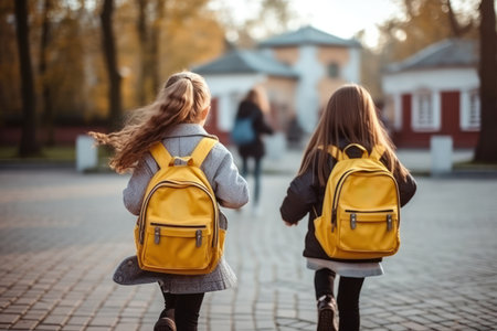 Journey to knowledge: cute girls children, backpacks on their shoulders, joyfully walking towards school.の素材