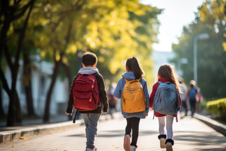 Steps towards learning: cute little students with schoolbags walking in unison, embarking on their return to school.の素材