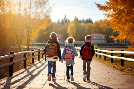 Education awaits: endearing children, backpacks strapped on, marching towards the doors of knowledge.back to schoolの素材
