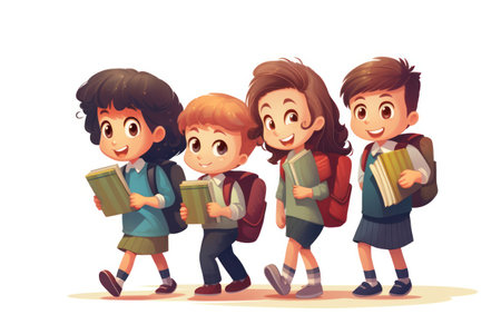 Little scholars on a mission: adorable pupils, backpacks slung over their shoulders, with books eagerly walking back to school.の素材