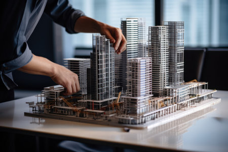 Engineering precision: skilled hands of an architect or engineer carefully examine and adjust a residence building construction model.の素材