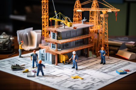 miniature construction site with cranes and workers bring an architectural model to life, guided by intricate plans and blueprint documents.の素材