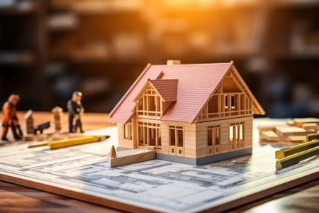 miniature construction workers meticulously construct an architectural model, supported by detailed plans and blueprints.の素材