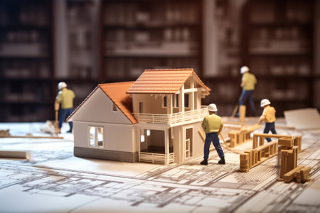 Miniature construction workers and building architectural model with plans and blueprint documents.の素材