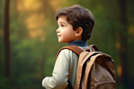cute boy with backpack outdoor background with copy space learning back to school concept design.の素材