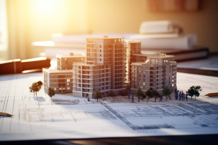 construction architectural model and building plans and blueprint documents.の素材