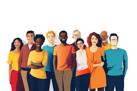 Embracing multiculturalism: a joyful assembly of people representing various ethnic backgrounds, races, skin colors, and ages, united in the celebration of inclusion and diversity.の素材