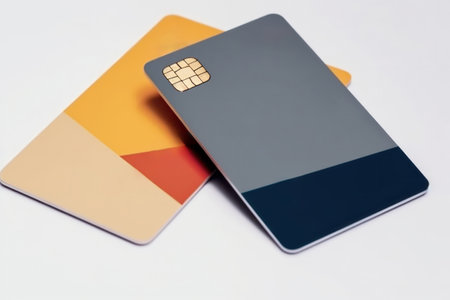 Modern payment essentials: eye-catching blue and yellow credit cards with chips presented in a mockup on a pristine white backdrop.の素材
