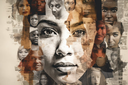 Mosaic of humanity: a collage of diverse faces, representing different races and ethnicities, promoting inclusivity, diversity, and acceptance.の素材