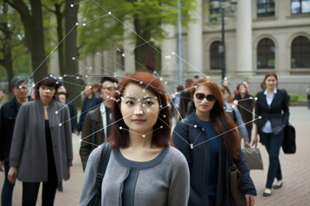 Automatic facial recognition technology safeguards city streets, ensuring public safety and security.の素材