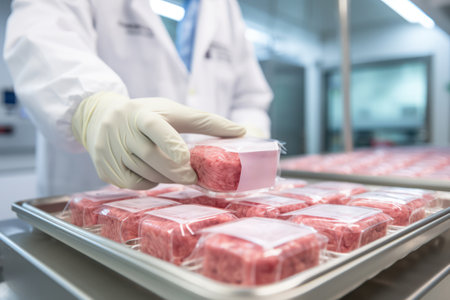 Sustainable meat alternatives: packaged lab-grown meat samples, produced in modern laboratories, ready to hit the market.の素材