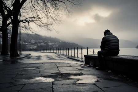 Depressive man in warm jacket sitting on bench on city waterfront on gloomy day person suffering from loneliness in grey winter town negative thoughts burdenの素材
