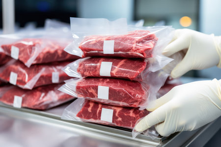Future of sustainable protein: lab-grown meat samples, ready for market, produced in state-of-the-art laboratories.の素材