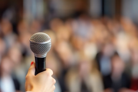 Woman hand holding microphone at business conference on blurry background journalist with mic interviewing guests on stage talk-show audio equipment in studio closeupの素材