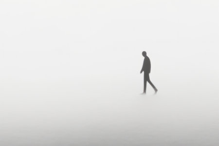 Man silhouette walking on empty road white background loneliness epidemic concept.の素材