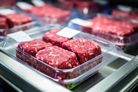 Cultivated delicacies: lab-grown meat samples, carefully packed and ready for sale, a product of advanced laboratory techniques.の素材