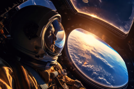 Space explorer's view: Astronaut in protective suit gazes out spaceship window, journeying beyond Earthの素材