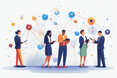 Businesspeople connected to corporate network with mobile phones company employees using smartphones for communication via internet flat color illustrationの素材