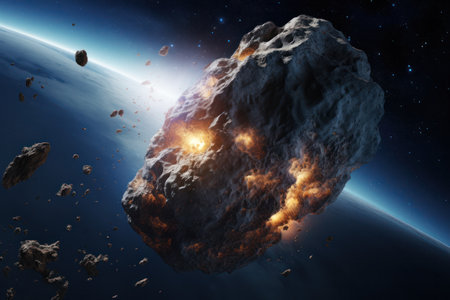 Journey through the cosmic frontier: Asteroids soar in dark, open space, grazing desert planets with celestial sparksの素材