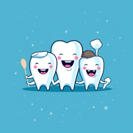 Cheerful Tooth Characters: Smiling teeth with faces on green, demonstrating tooth washing to kidsの素材