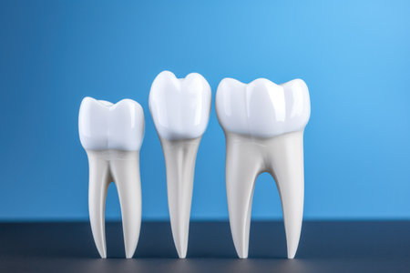 Different human teeth plastic models on blue background stomatology treatment and orthodontic service of medical center educative materials for studentsの素材