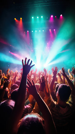Dancing silhouettes: concert crowd revels in the brilliance of stage lights at festivalの素材