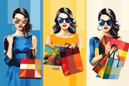 Savvy Shoppers: Collage Set of Women in Colorful Outfits, Shopping Bags, Sale, Discount, and Black Fridayの素材