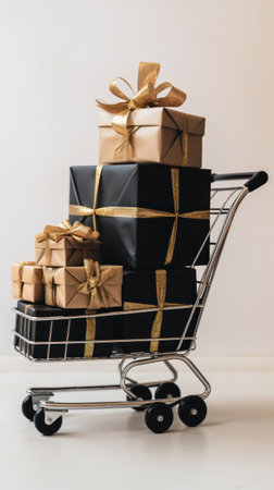 Black Friday Cyber Monday: Gift Boxes in Shopping Cart. Unbeatable Sale and Discount Extravaganzaの素材