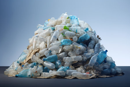 a huge heap of plastic waste, mount of single-use bottles and containers create a pressing crisis.の素材