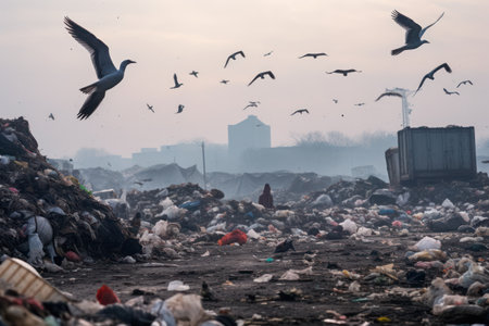 Scavenging birds amid trash signify the environmental consequences of poorly managed waste in dumpsitesの素材