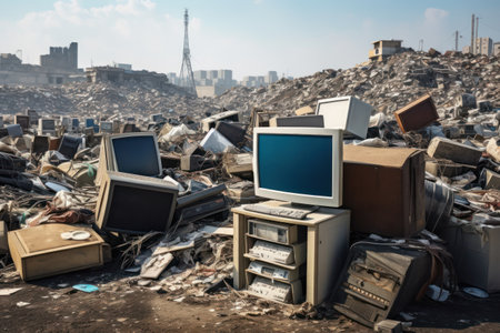 City outskirts reveal massive e-waste dumpsite, scale of electronic waste pollution.の素材