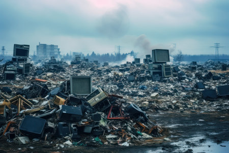 massive e-waste dumpsite on the outskirts of a city, scale of electronic waste pollution problemの素材