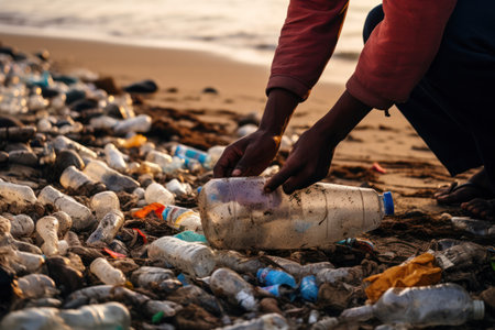 volunteers cleaning beach plastic pollution waste , collective responsibility in waste managementの素材