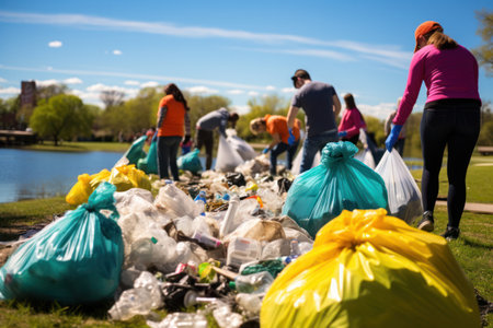 volunteers, trash bags in hand, unite for a community cleanup, city park as their backdrop, showcasing collective responsibility in waste managementの素材
