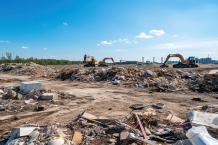 abandoned construction site plagued by illegal waste dumping and irresponsible disposal.の素材